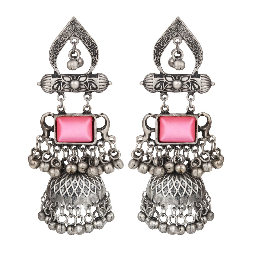 Silver oxydised lightweight long Jhumka with Pink Stone