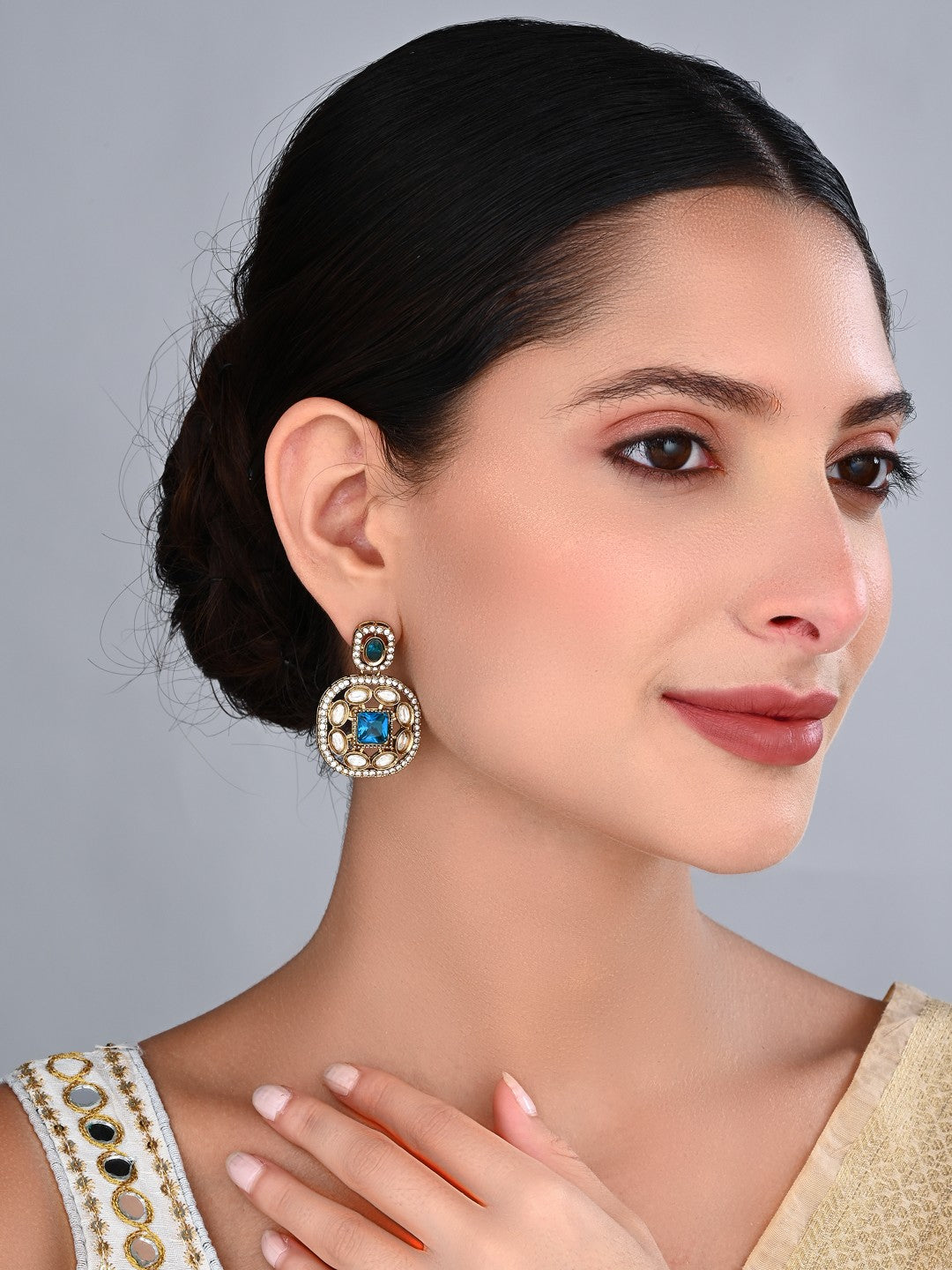 Kundan & Stone Embellished Statement Earrings blue