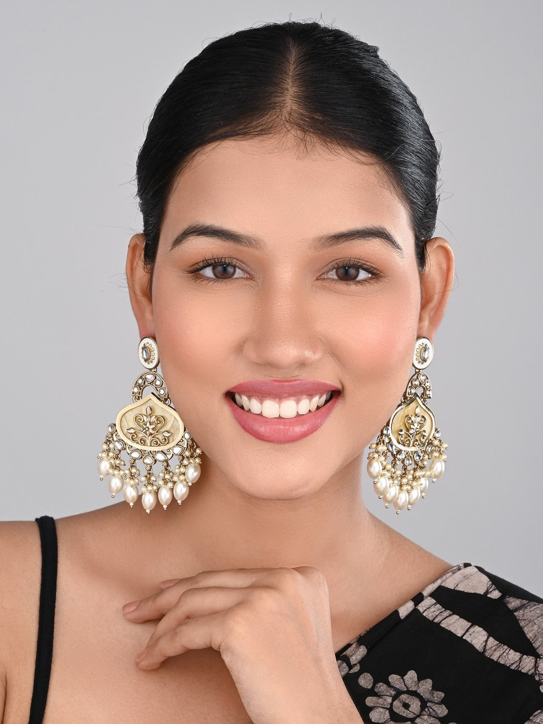 Mother of pearl Chandbali with White Meenakari & White pearl drops