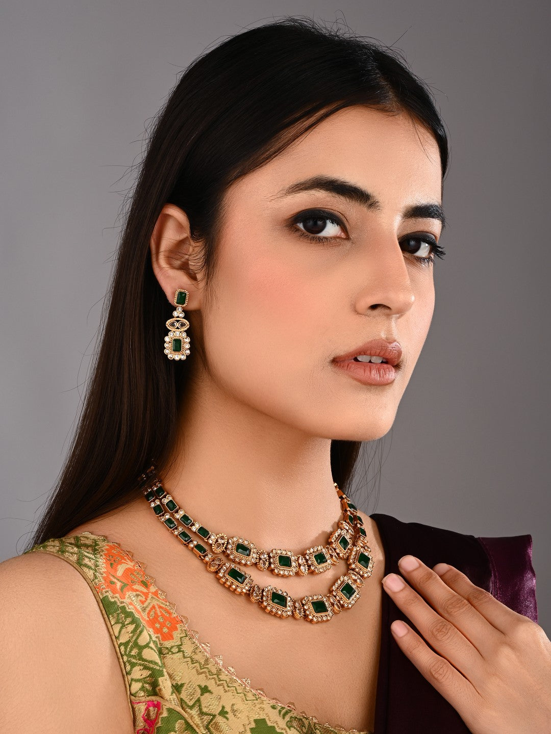 Emerald Double Layer Necklace Earrings Set