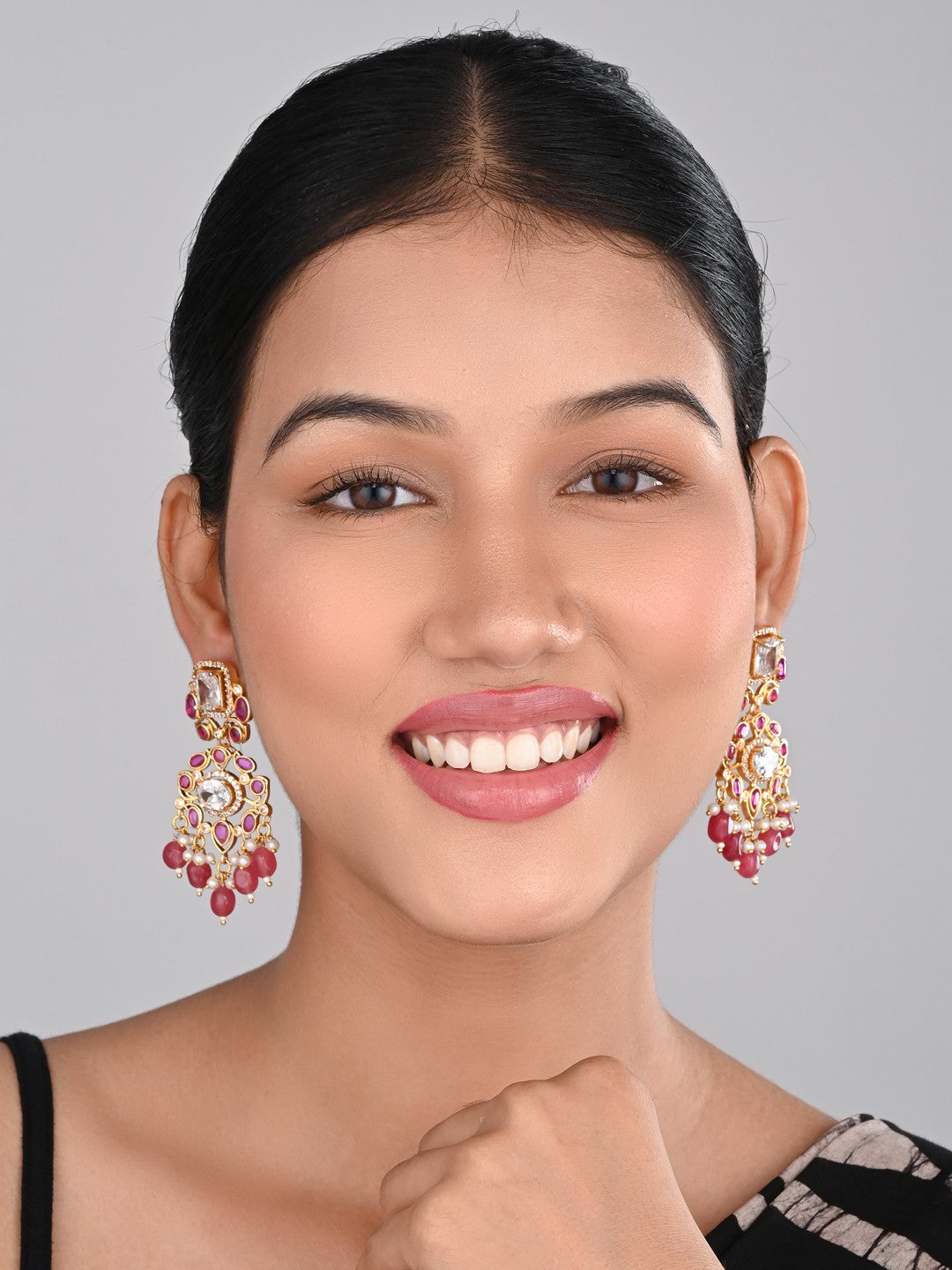 Gold plated Kundan & AD stone chandbali bali - Red