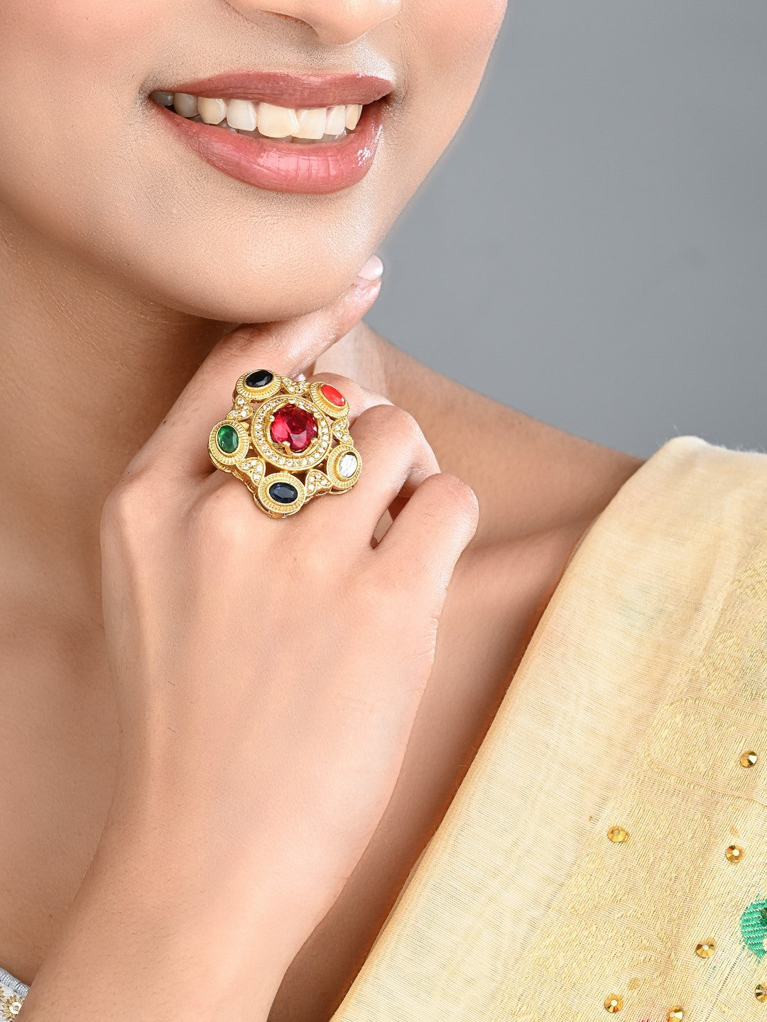 Multicolor Kundan-Inspired Statement Ring