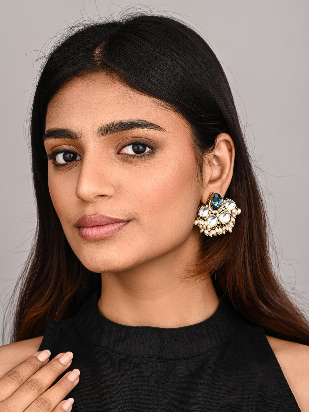 Gold-Plated Blue Kundan Half Chandbali Earrings