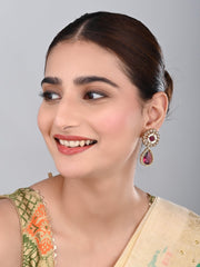 Gold plated Flower Stud with tear drop earring - Wine