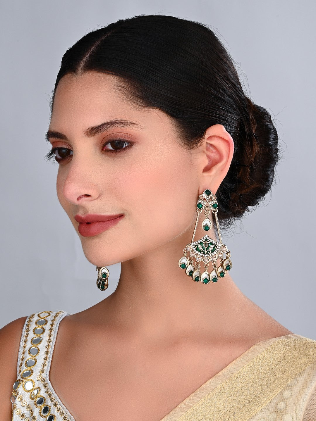 Gold-Toned Kundan Chandbali Earrings with Green Stone Accents