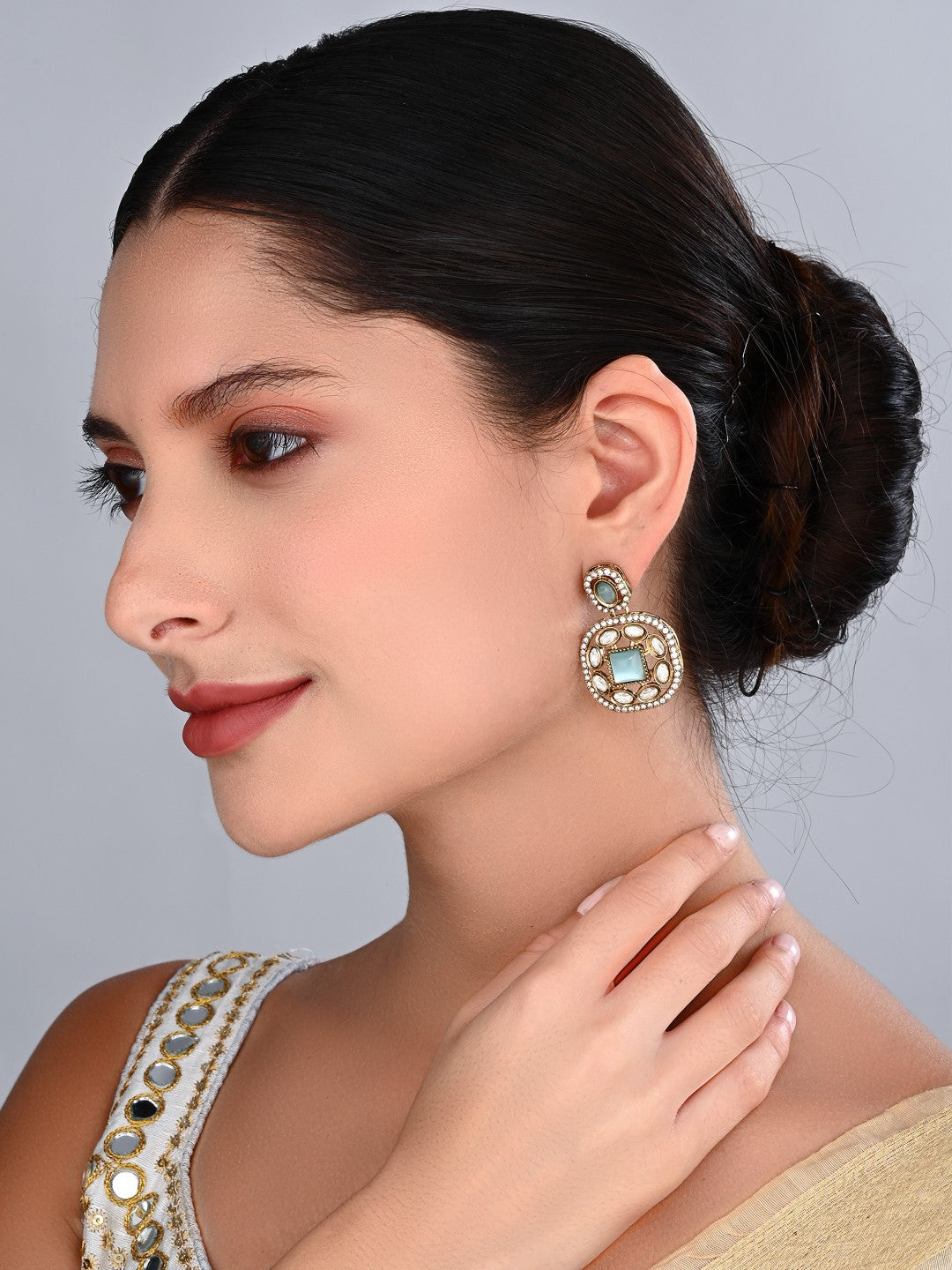 Kundan & Stone Embellished Statement Earrings Sage Green
