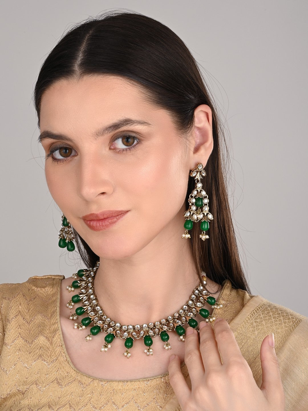 Kundan Necklace set  with Green pearl drops