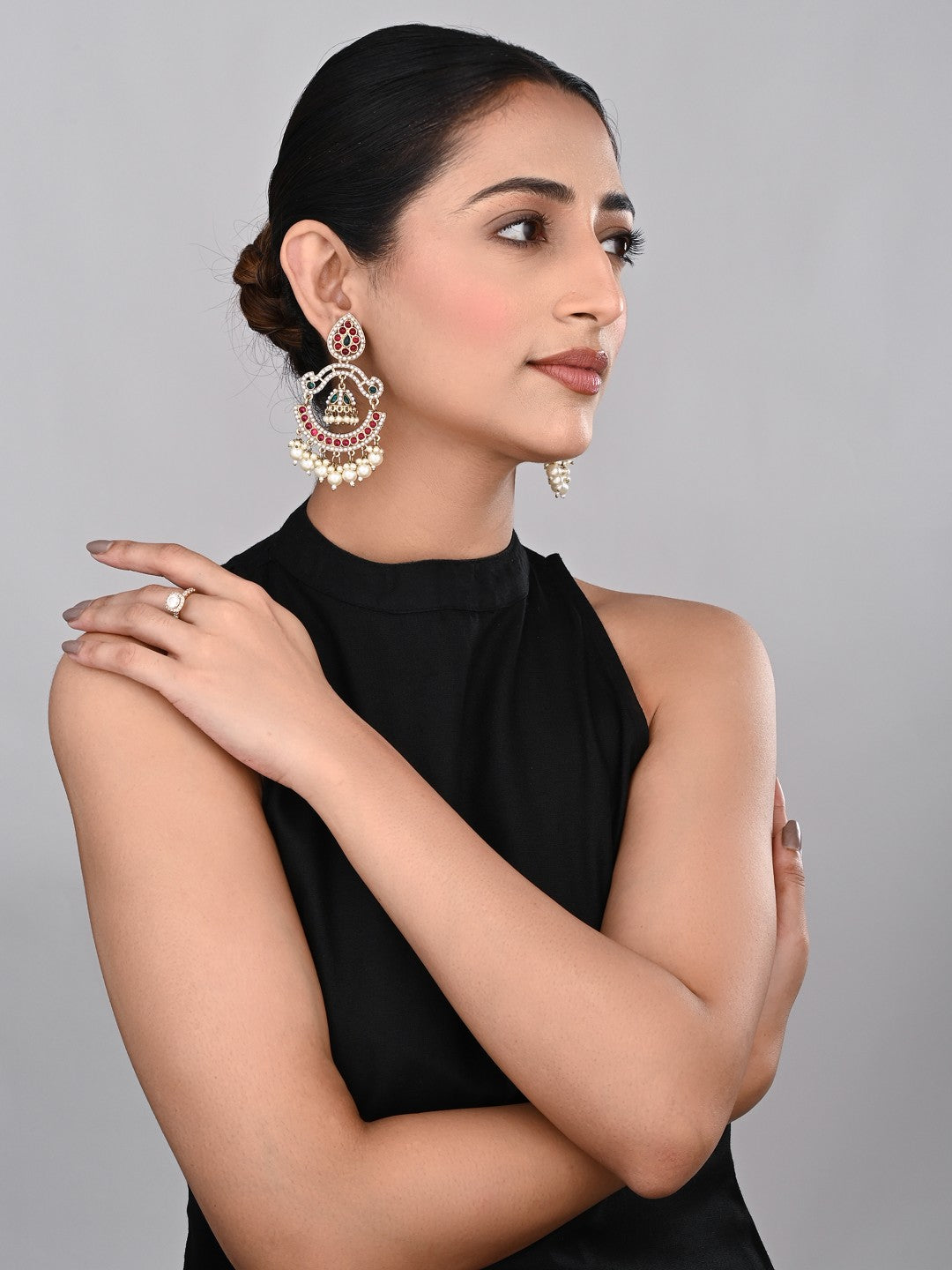 Gold plated Stone & beads chandbali Earring -  Multi