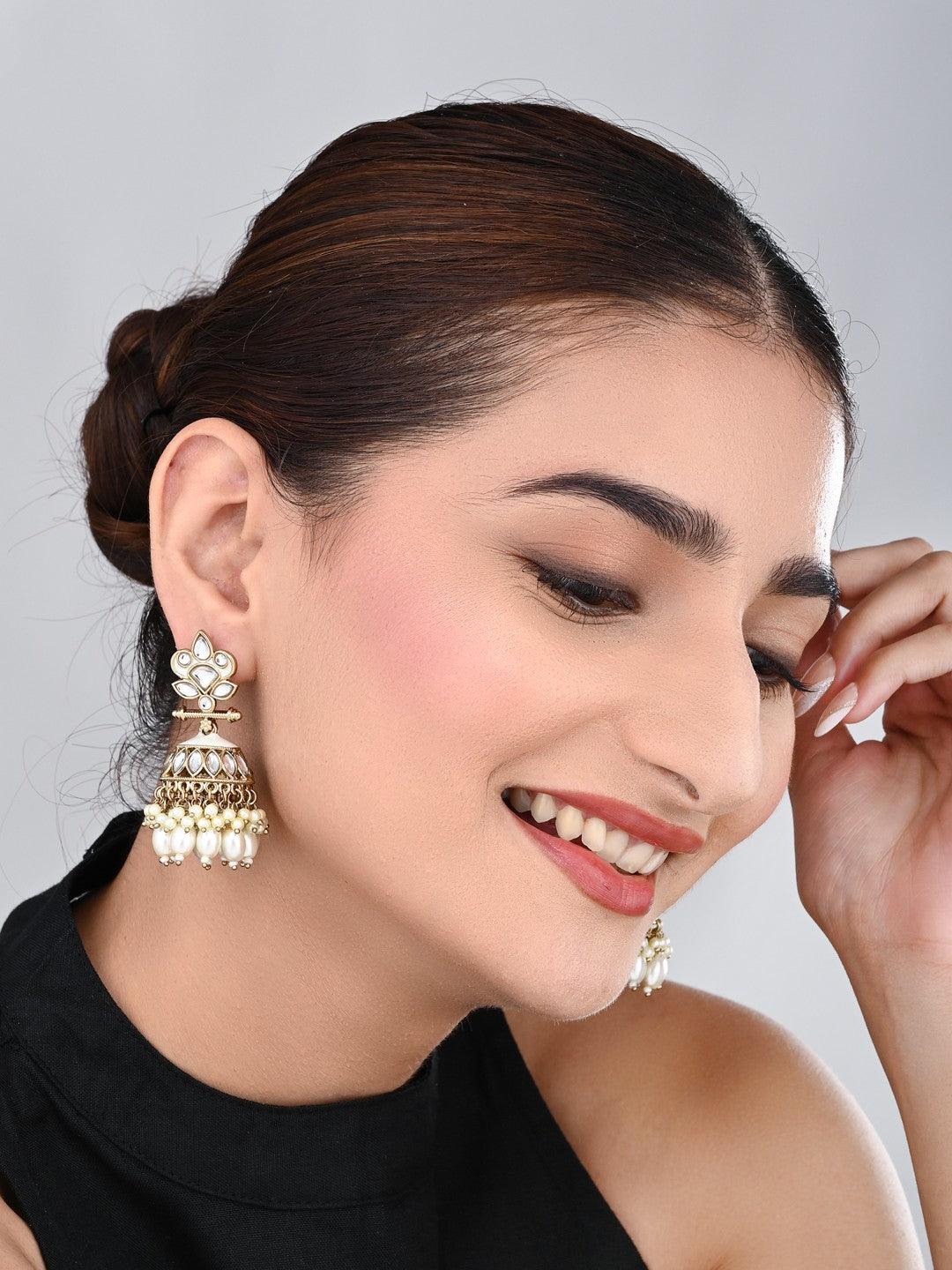Gold plated Kundan & Meenakari Jhumka Earrings - White