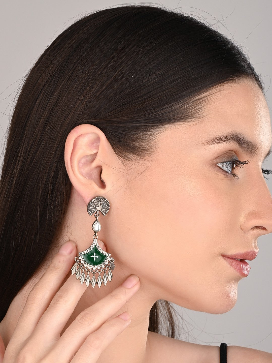 Silver Oxidised finish Green hand painted drop earring