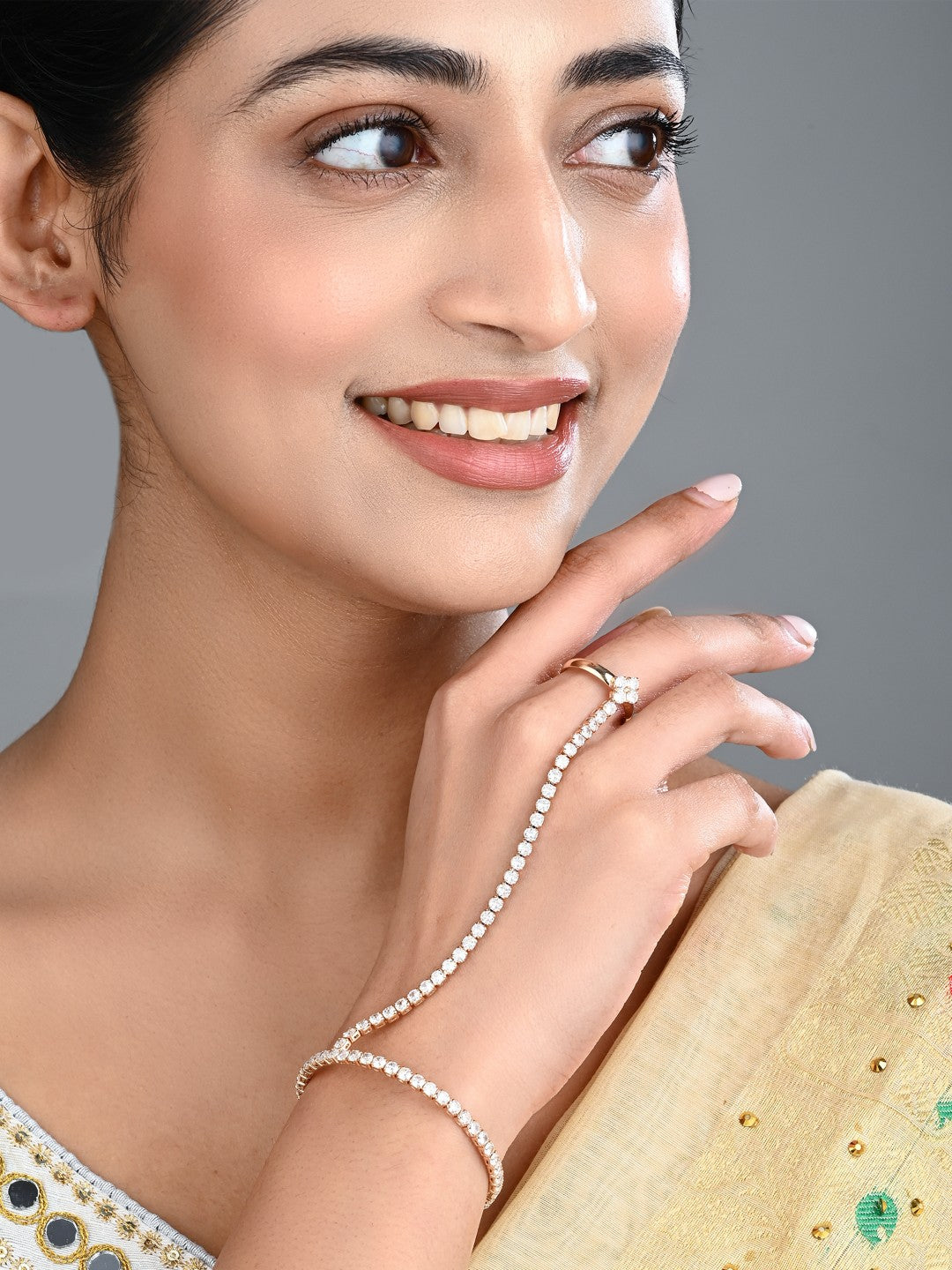 Elegant Gold-Tone CZ Tennis Bangle Bracelet with Ring