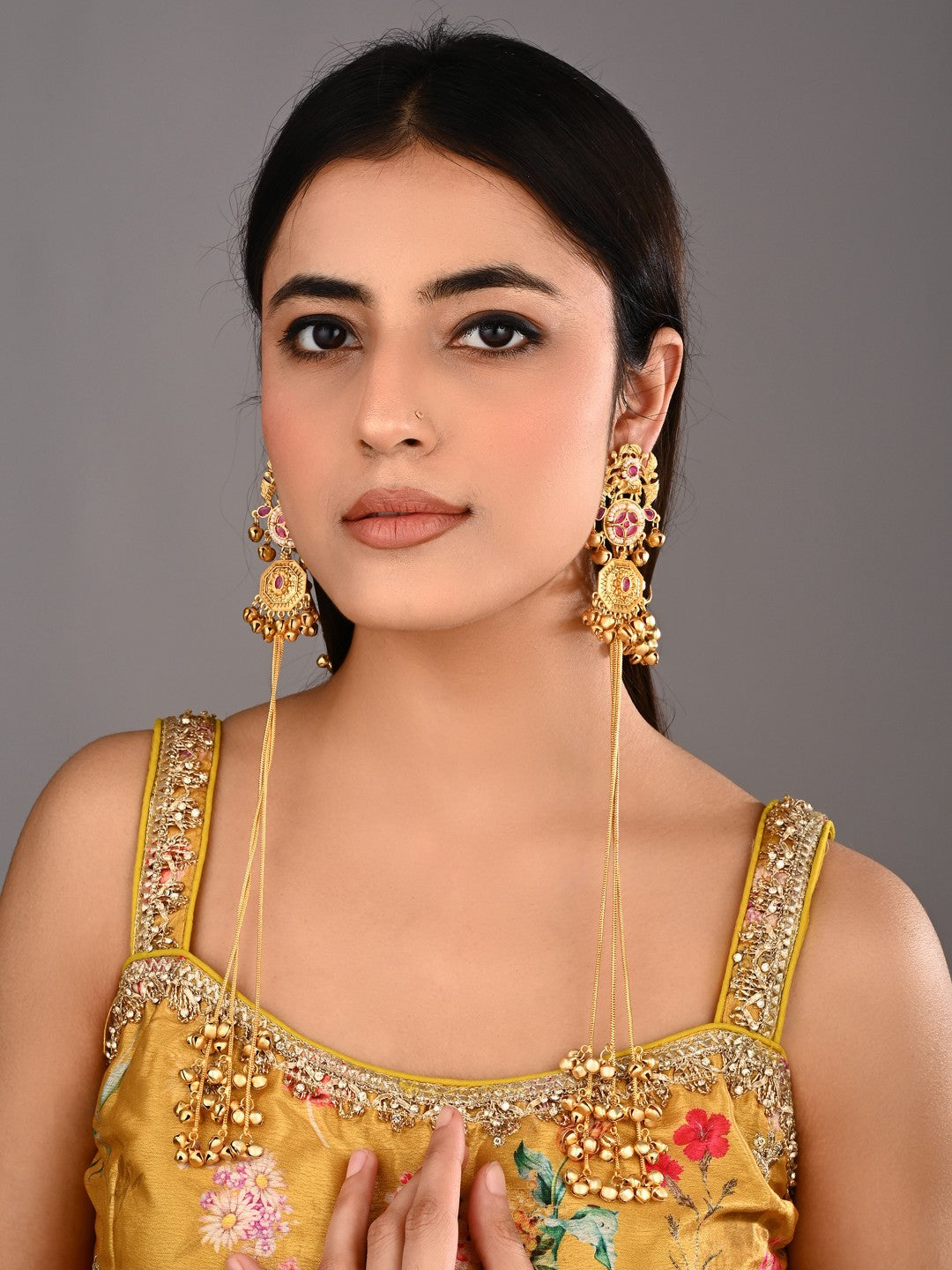Gold-Tone Kundan Red Stone Kashmiri Long Chain Earrings