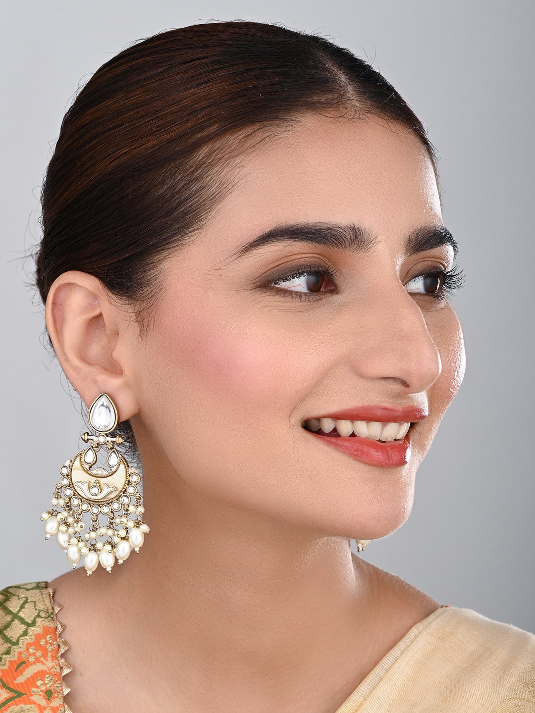 Gold-Plated Meenakari Chandbali Earrings with Kundan & Pearl Drops - White