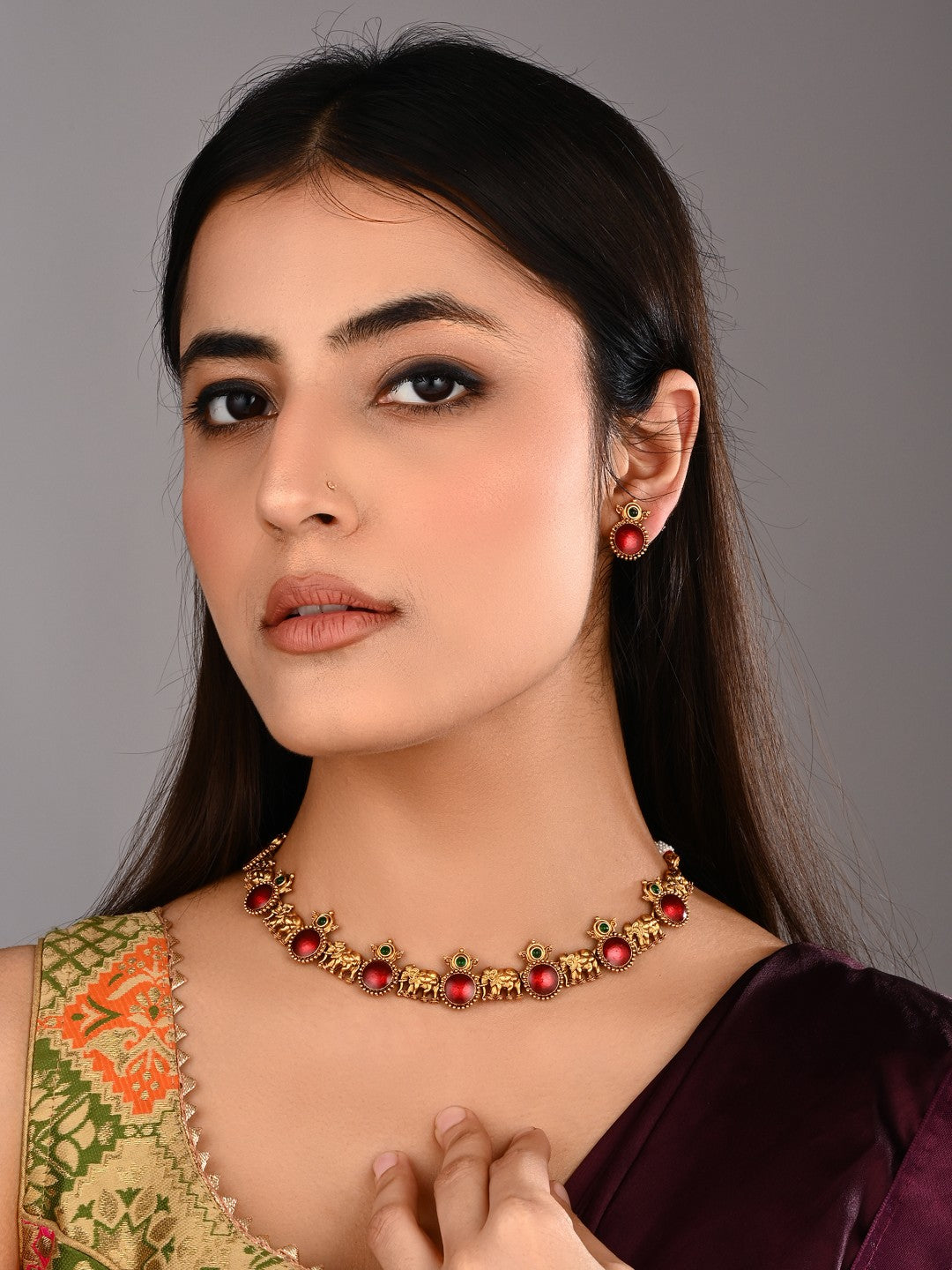 Gold plated Meenakari & Elephant Motif Necklace set - Red