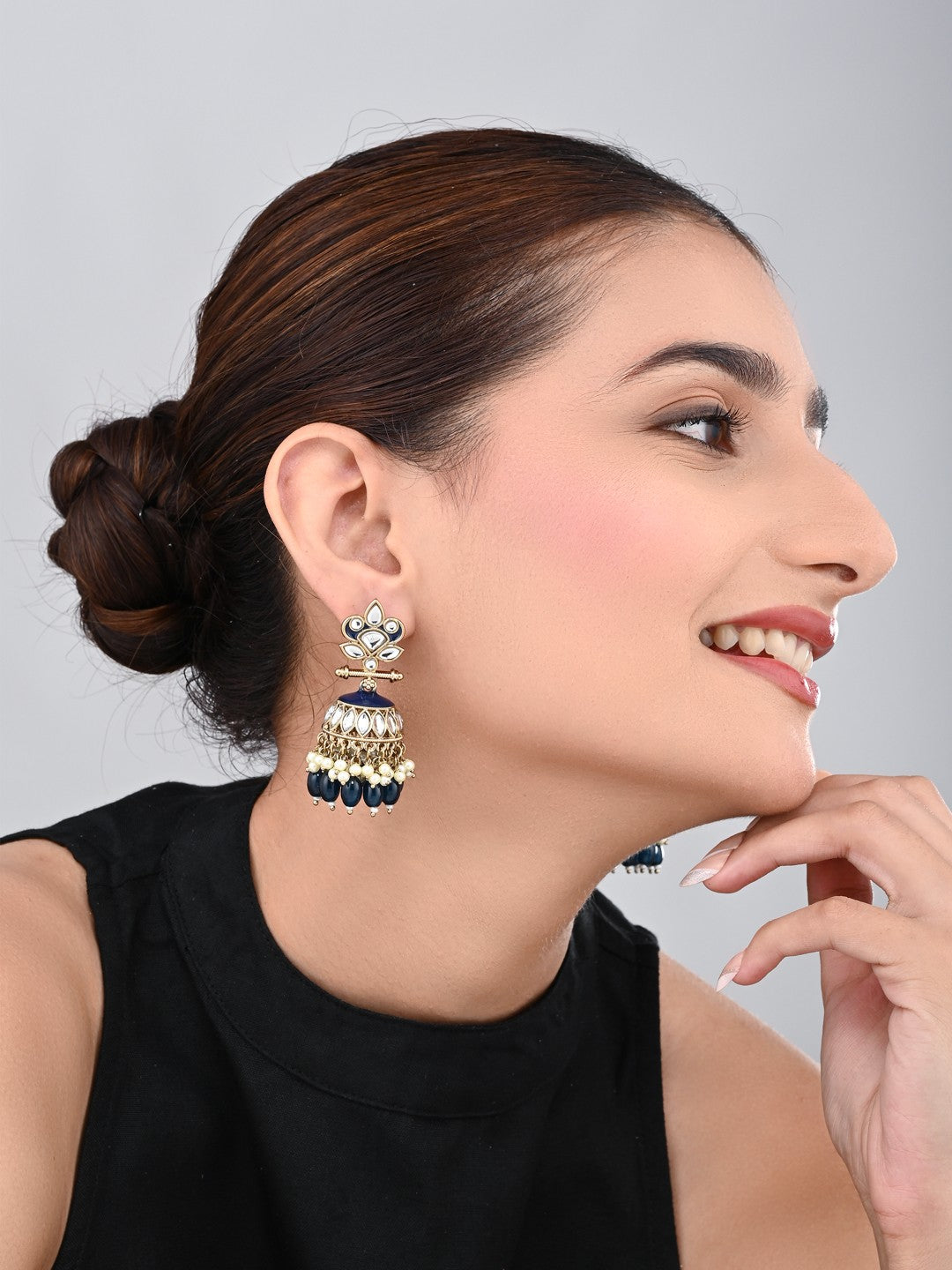 Gold plated Kundan & Meenakari Jhumka Earrings - Blue