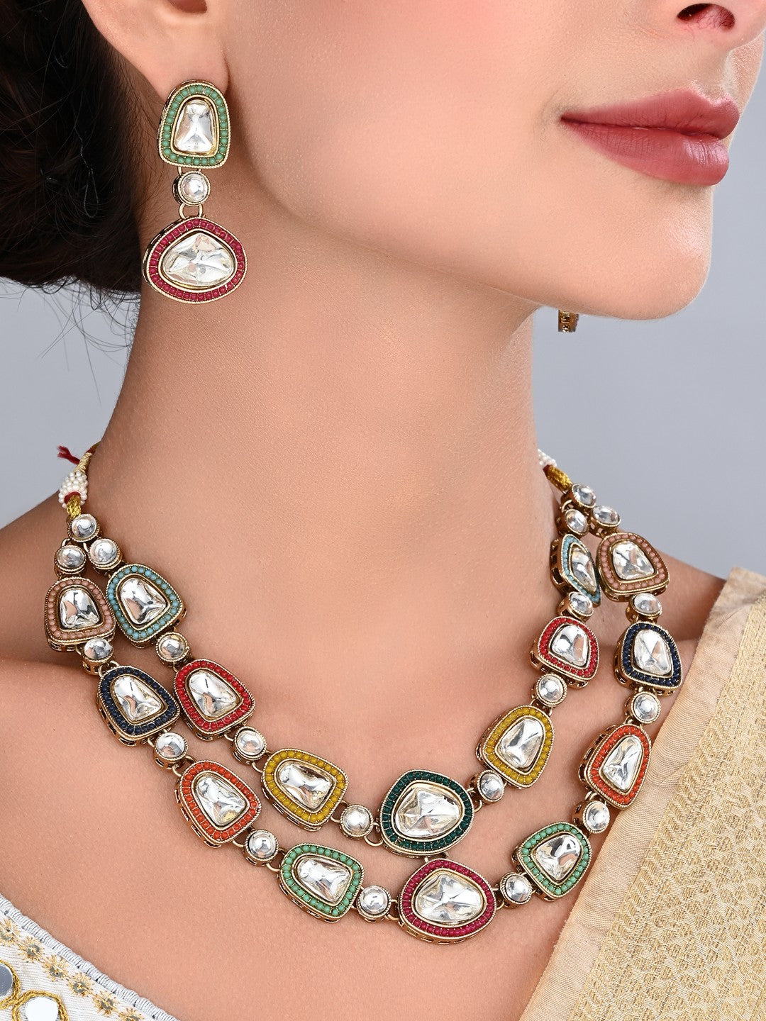 Multicolour Kundan Gold-Tone Necklace & Earrings Set