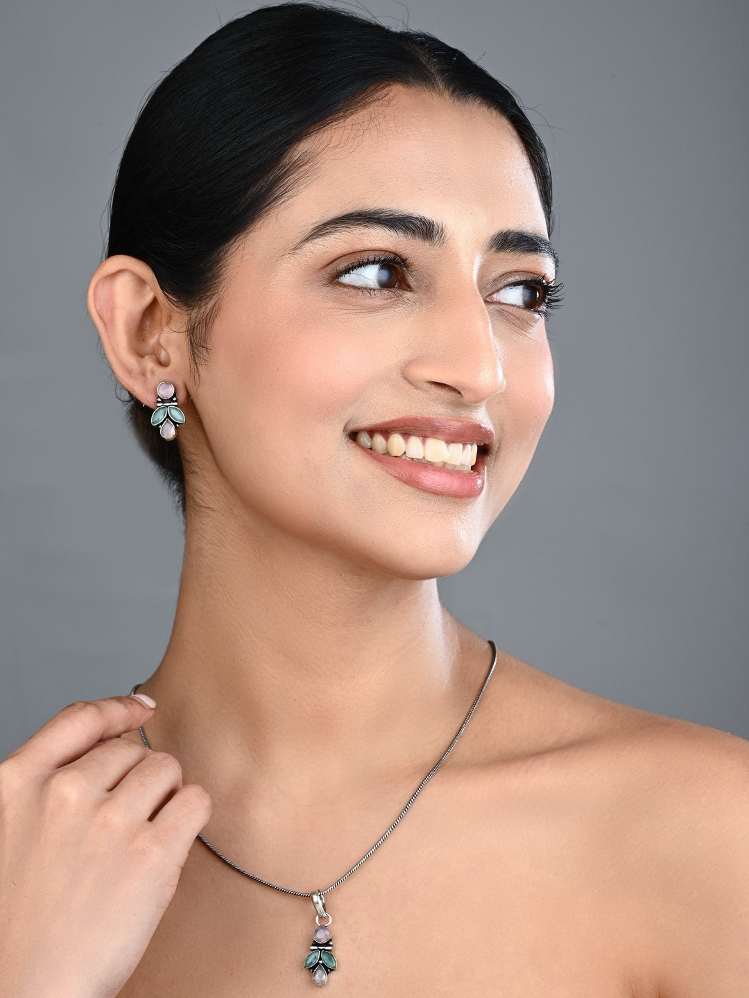 Elegant Crystal Pendant Necklace Set with Matching Drop Earrings - Multi