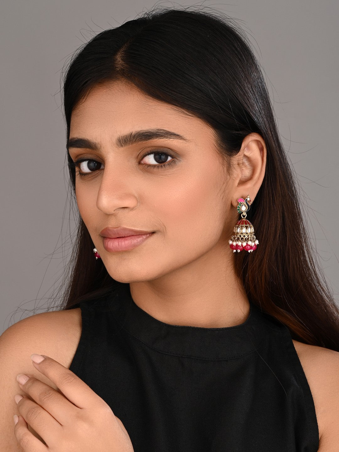 Peacock-inspired jhumka earrings- Pink