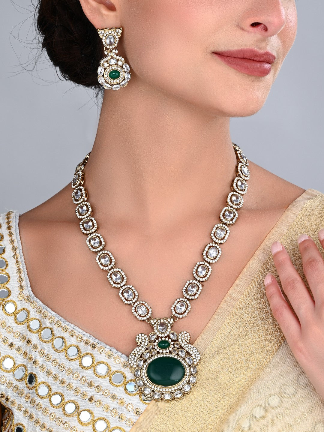 Emerald Green Elegance Gold-Tone Necklace & Earrings Set