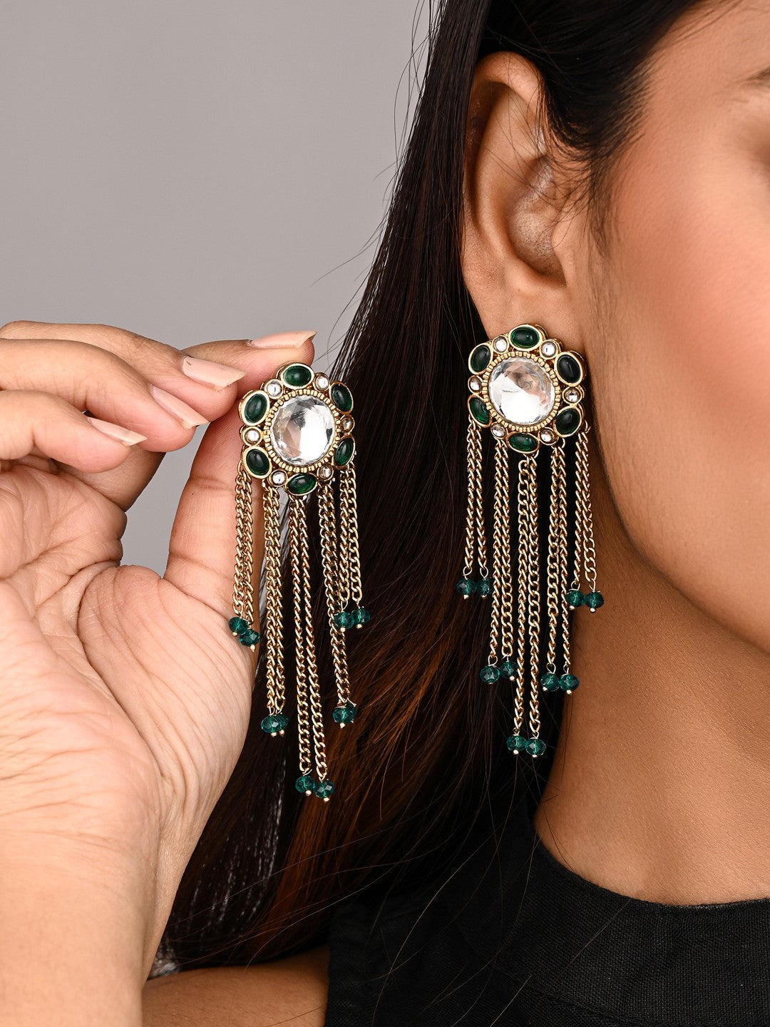 Kundan Tassel Drop Earrings - Green