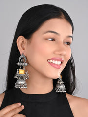 Silver oxydised lightweight long Jhumka with Yellow Stone