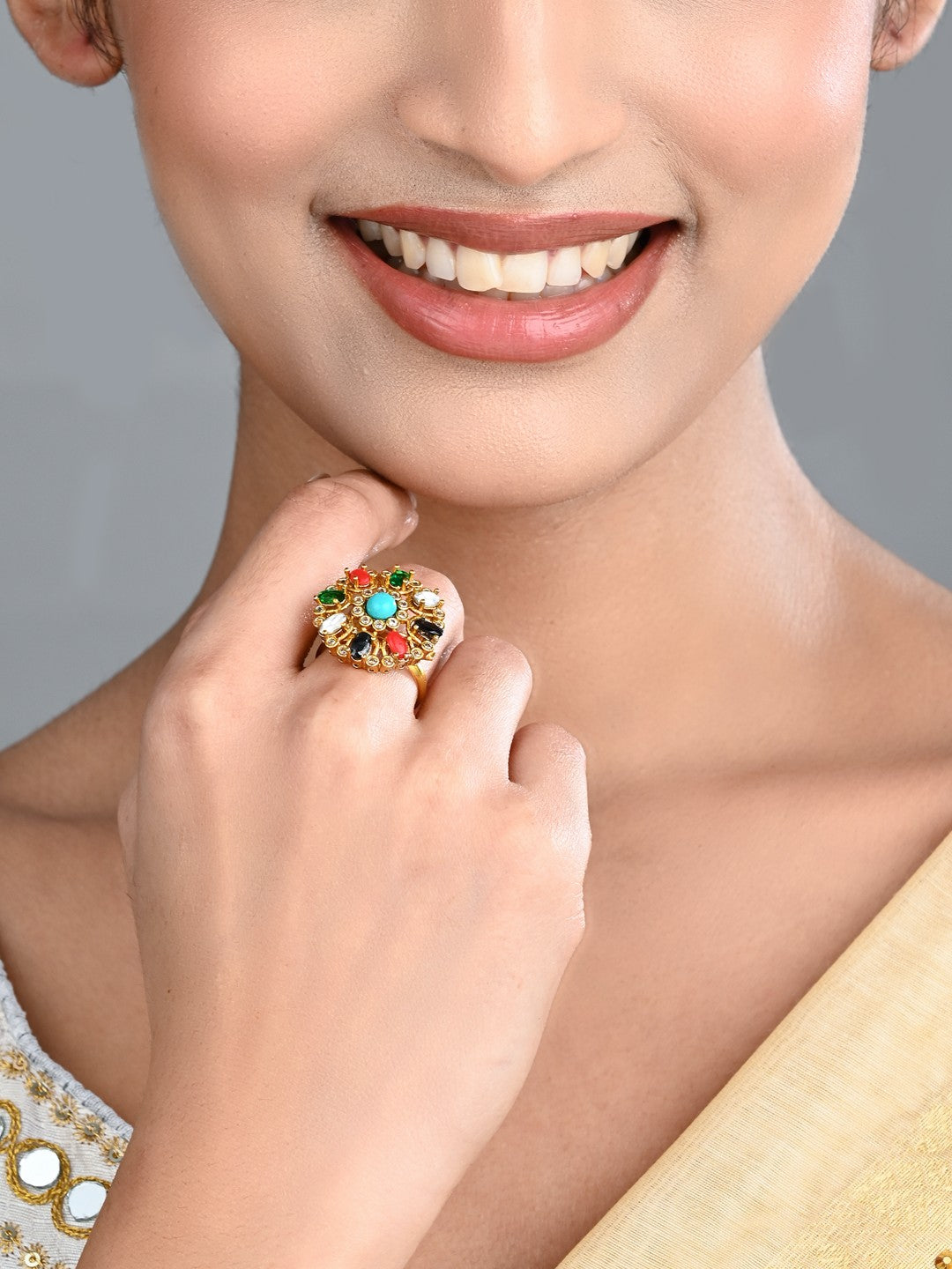 Multicolor Floral Statement Ring – Gold Finish Adjustable Cocktail Ring