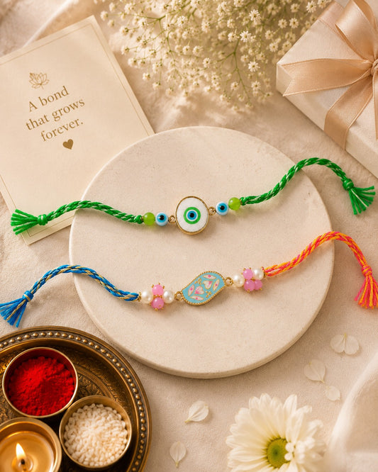 Evil Eye & Pastel Charm Rakhi Set