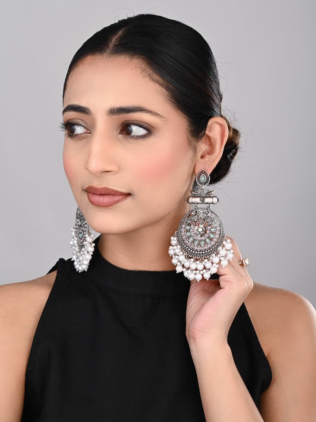 Oxidised Silver Meenakari Peacock Earrings