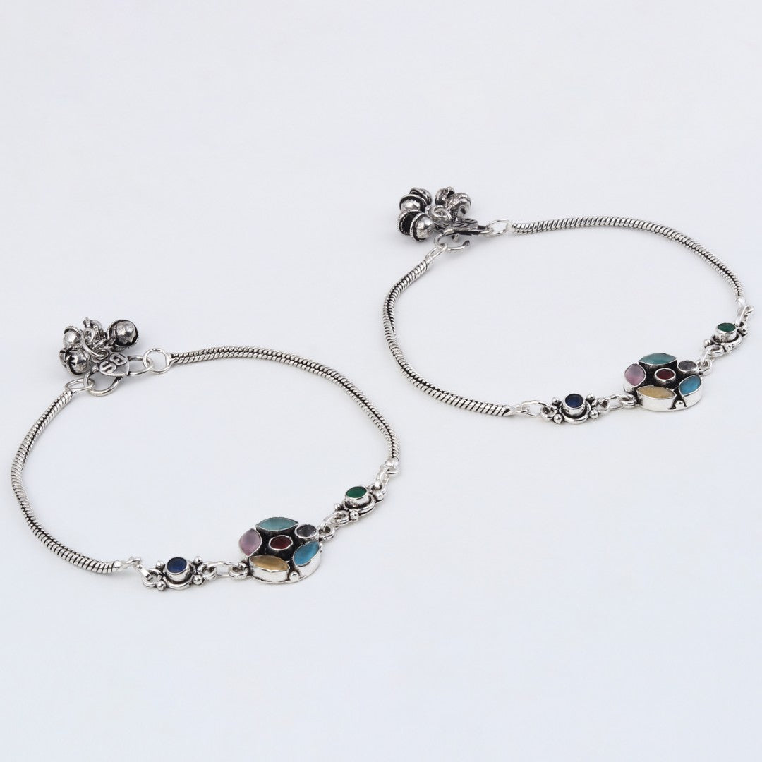 Silver Oxidised Multi-Color Floral Brass Anklet