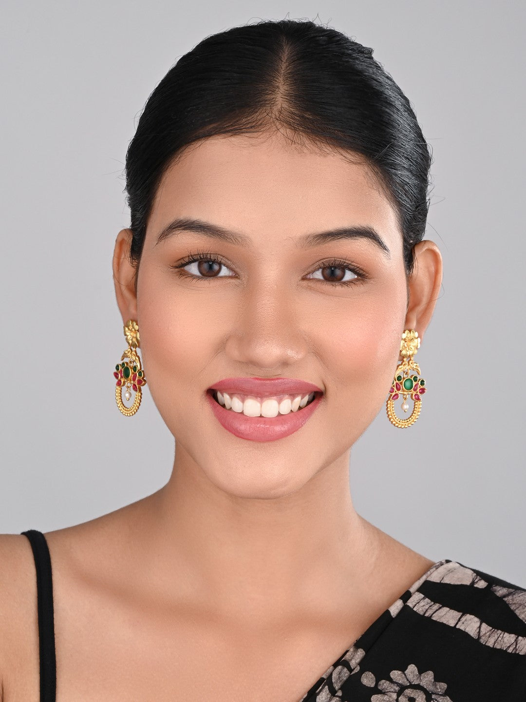 Gold-Plated Drop Earrings with Green & Red AD Stones