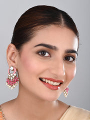 Gold-Plated Meenakari Stud Earrings with Kundan & Pearl Cluster drops - Pink