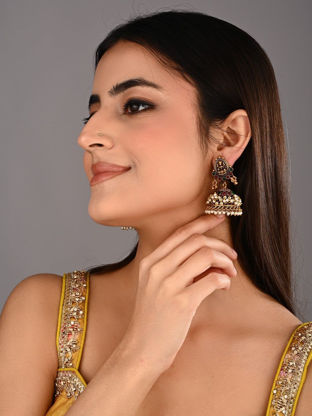 Gold Plated Red & green stone Jhumka Earring