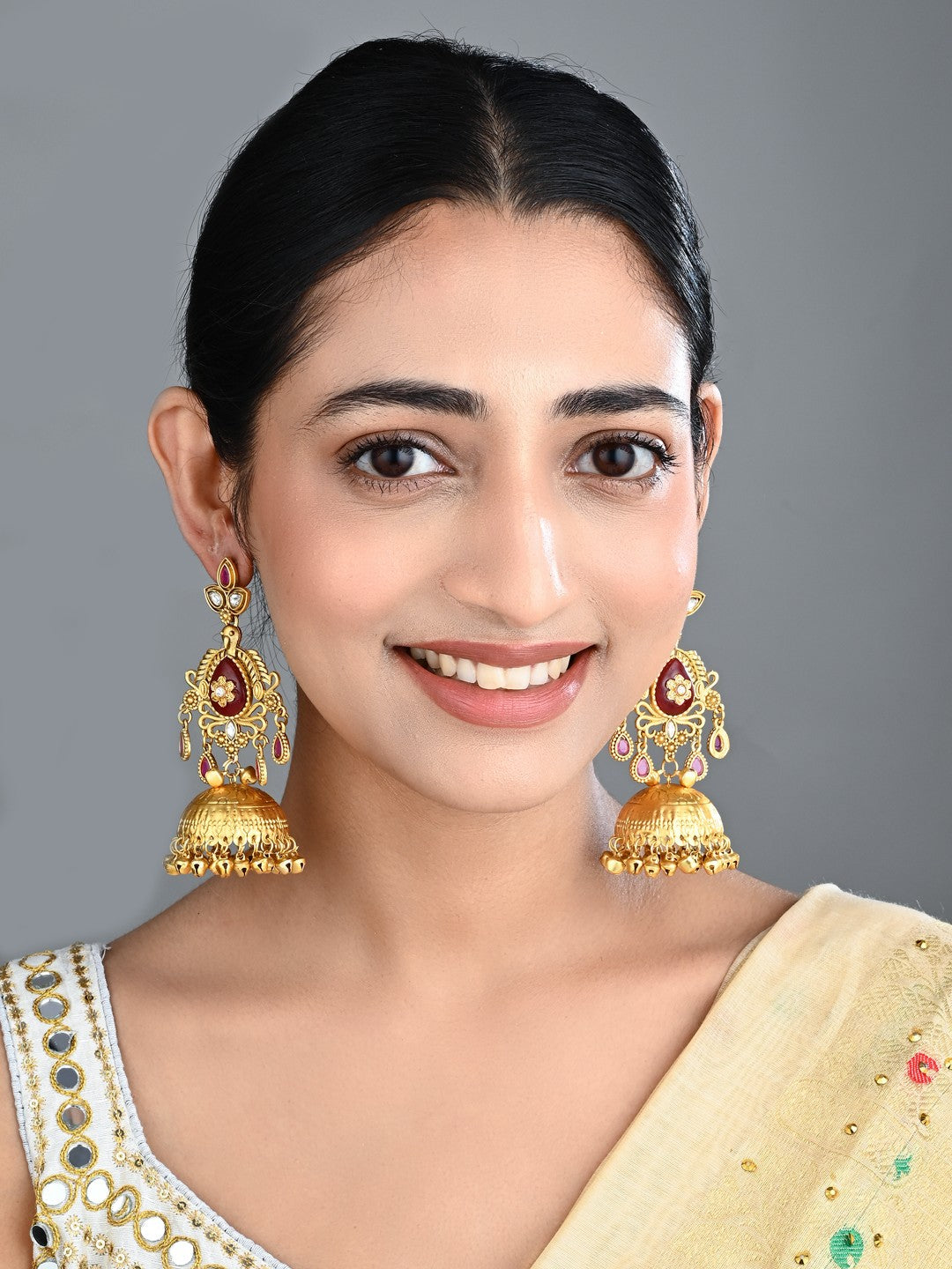 Ruby Red Temple Jhumka Earrings with Ghungroo Drops