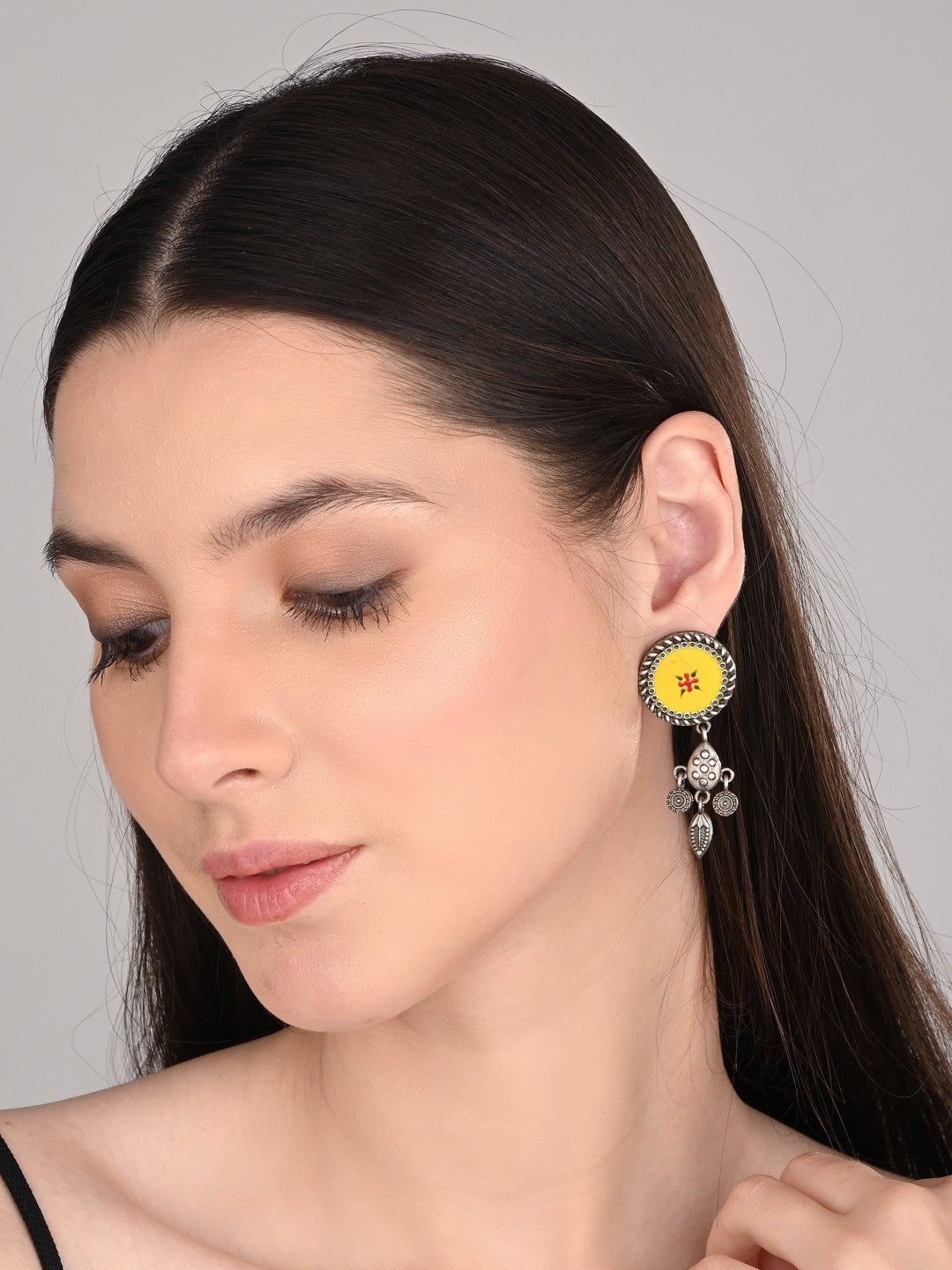 Hand-Painted Circular drop earrings Yellow