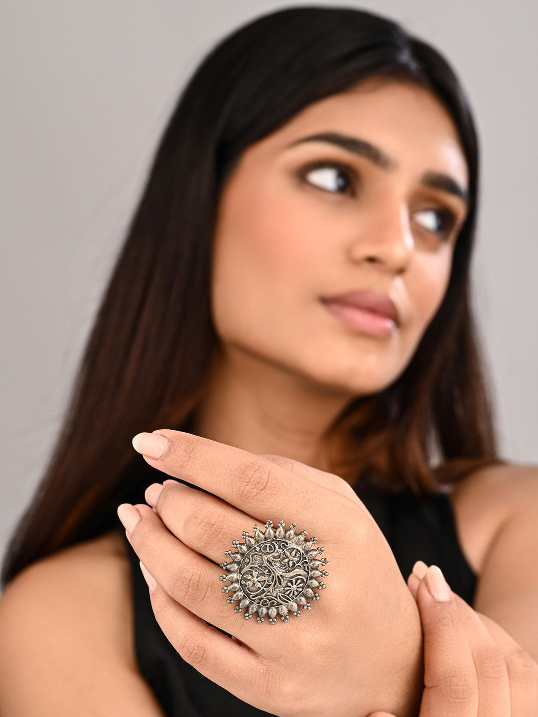 Floral Mandala Oxidized Ring