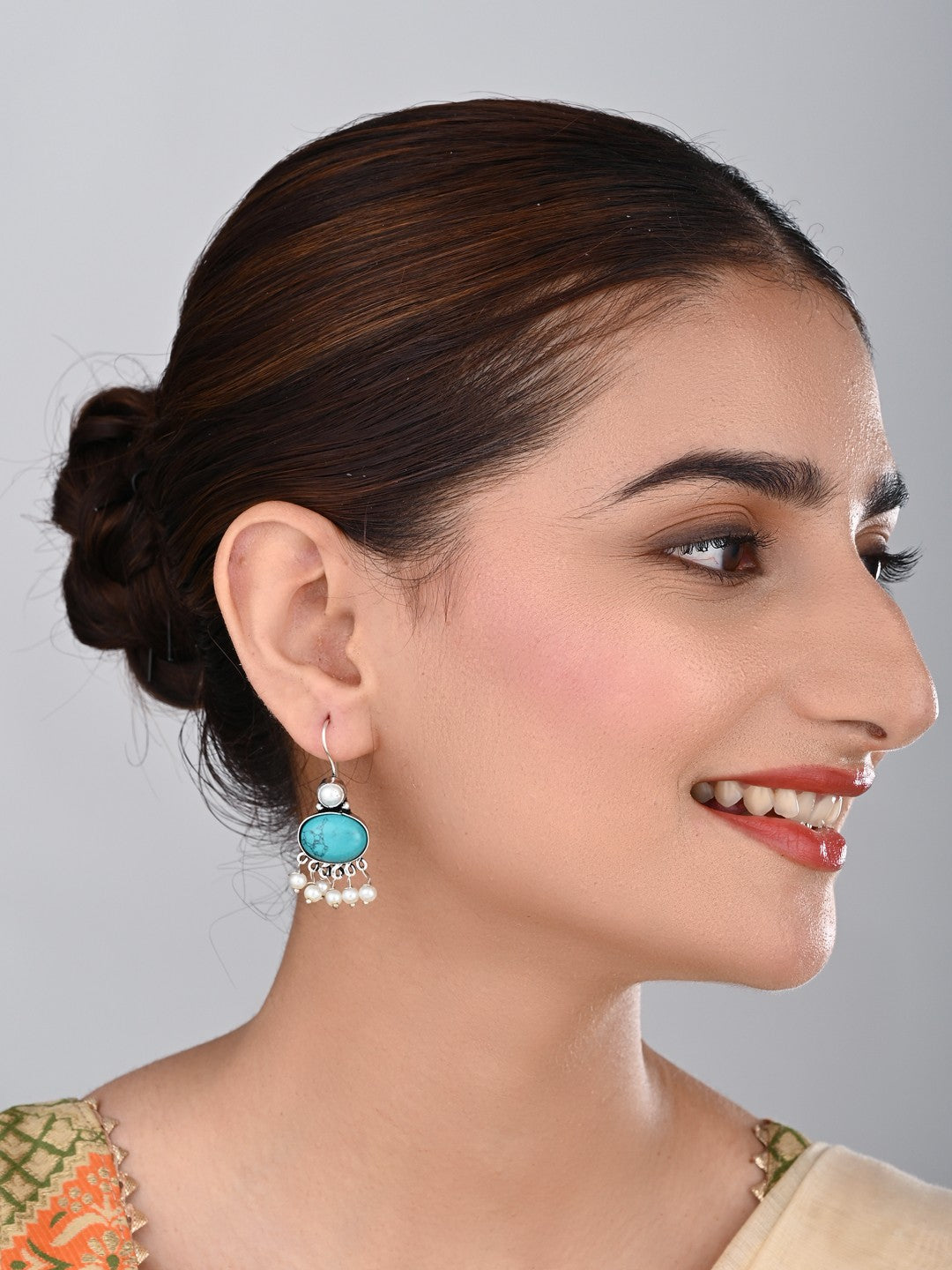Turquoise Stone Pearl Fringe Drop Earrings