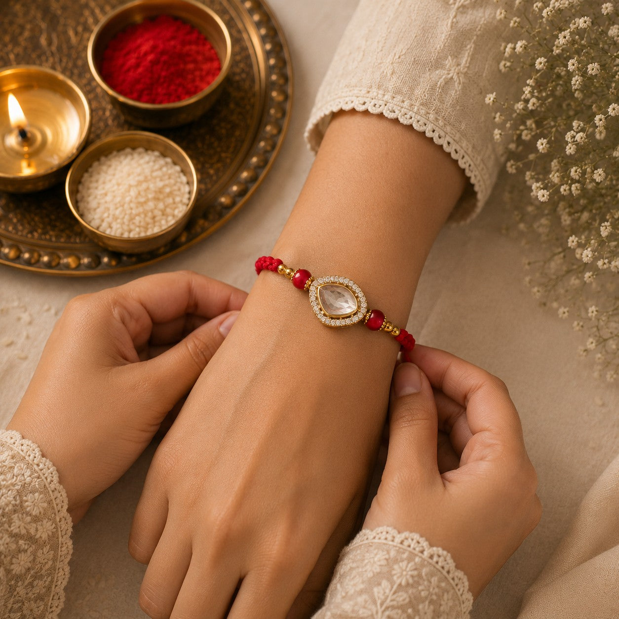 Pastel Elegance & Crystal Teardrop Rakhi Set