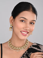 Gold-Plated Kemp Stone Necklace Set with Jhumka Earrings Green