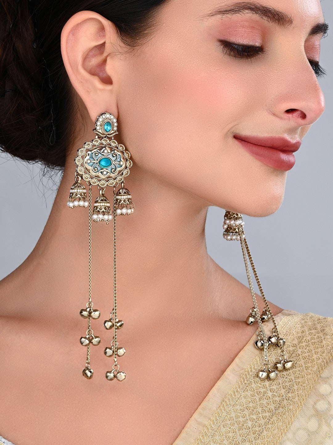 Gold-Toned Long Drop Earrings with Turquoise Stone Accents