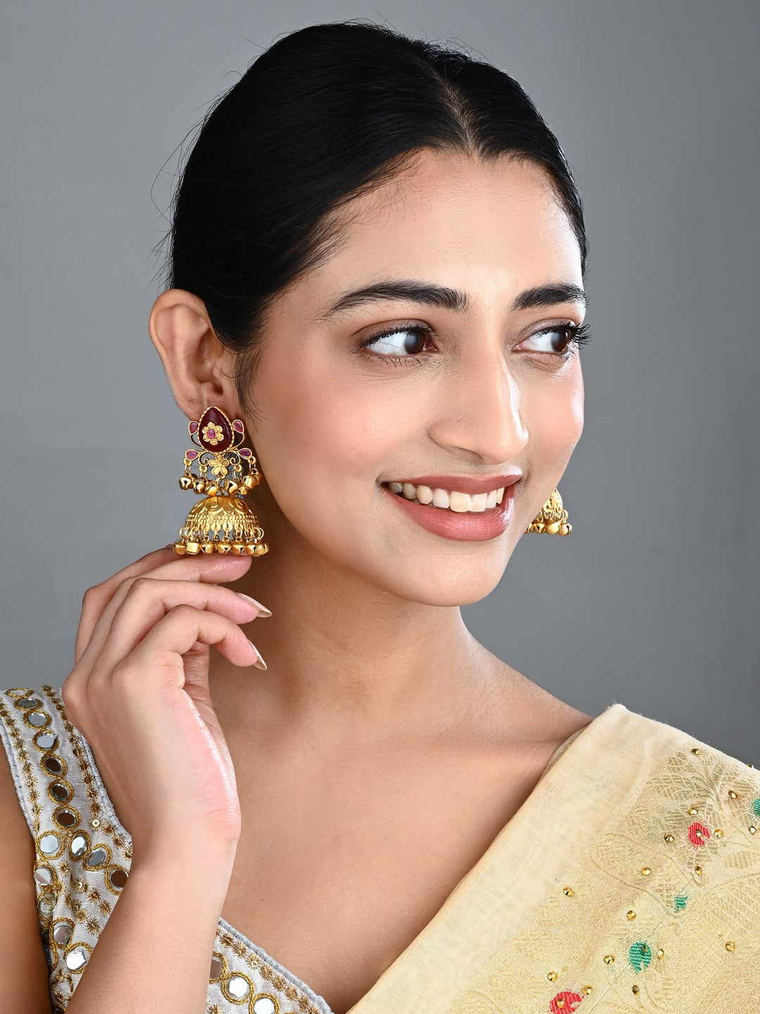 Ruby Temple Jhumka Earrings with Ghungroo Drops