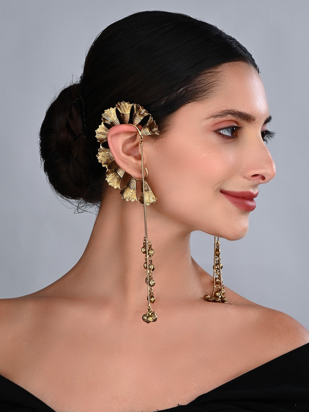 Ira Gold Floral Ear Cuff Chain Earrings