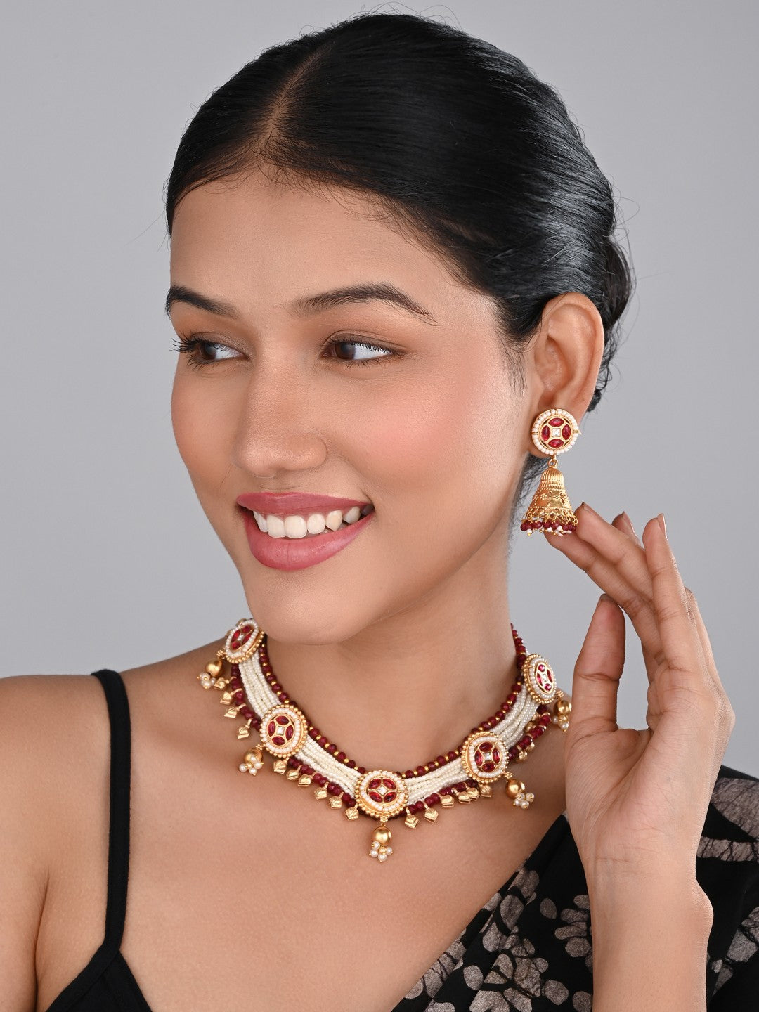 Gold plated, Brass Necklace & Earring Set - Red