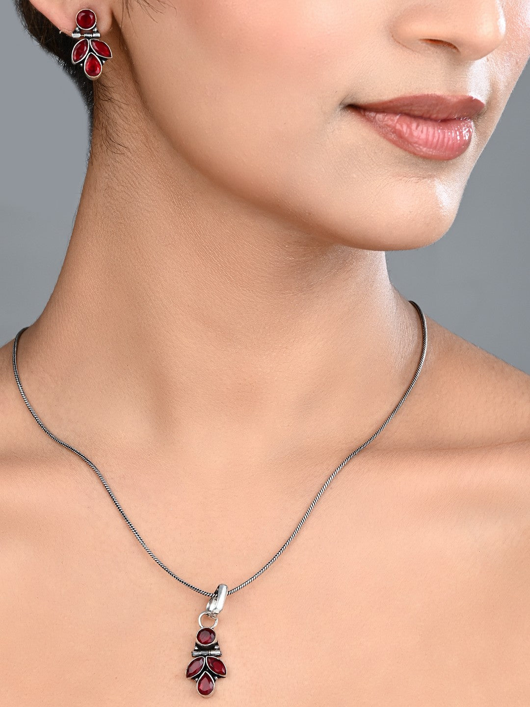 Elegant Crystal Pendant Necklace Set with Matching Drop Earrings - Red