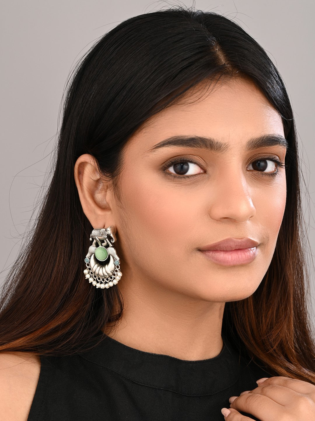 Oxidised Silver Elephant Motif Earrings with Mint Stone