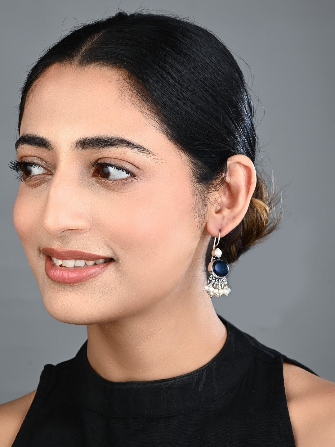 Navy Blue Stone Pearl Fringe Drop Earrings