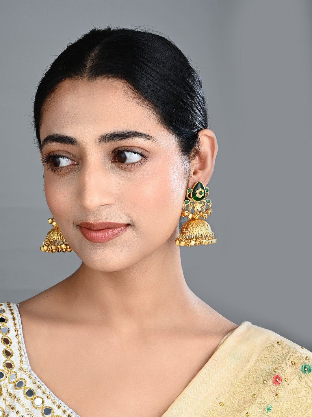 Emerald Temple Jhumka Earrings with Ghungroo Drops