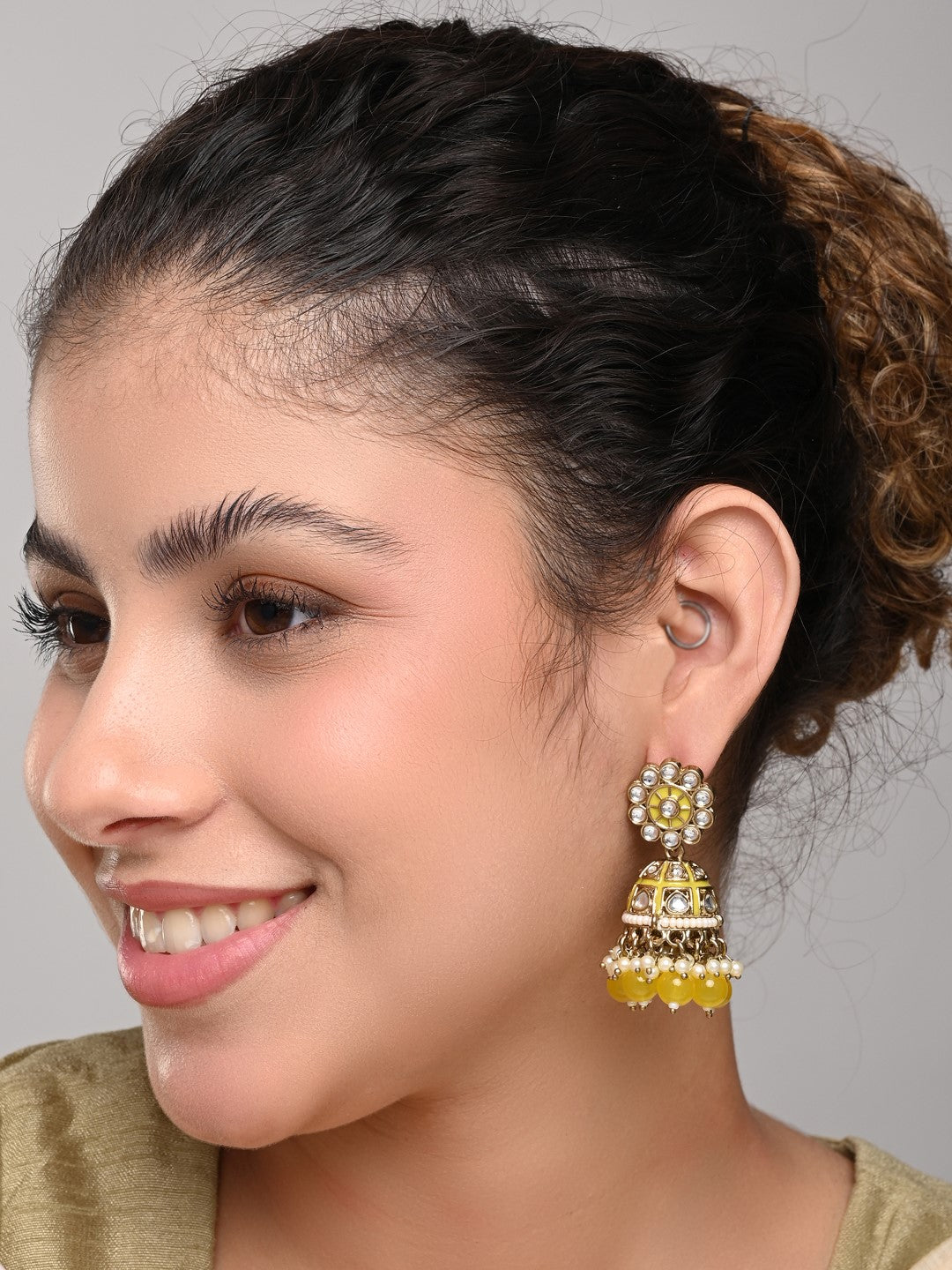 Gold plated kundan & Yellow Meenakari Jhumka Earring