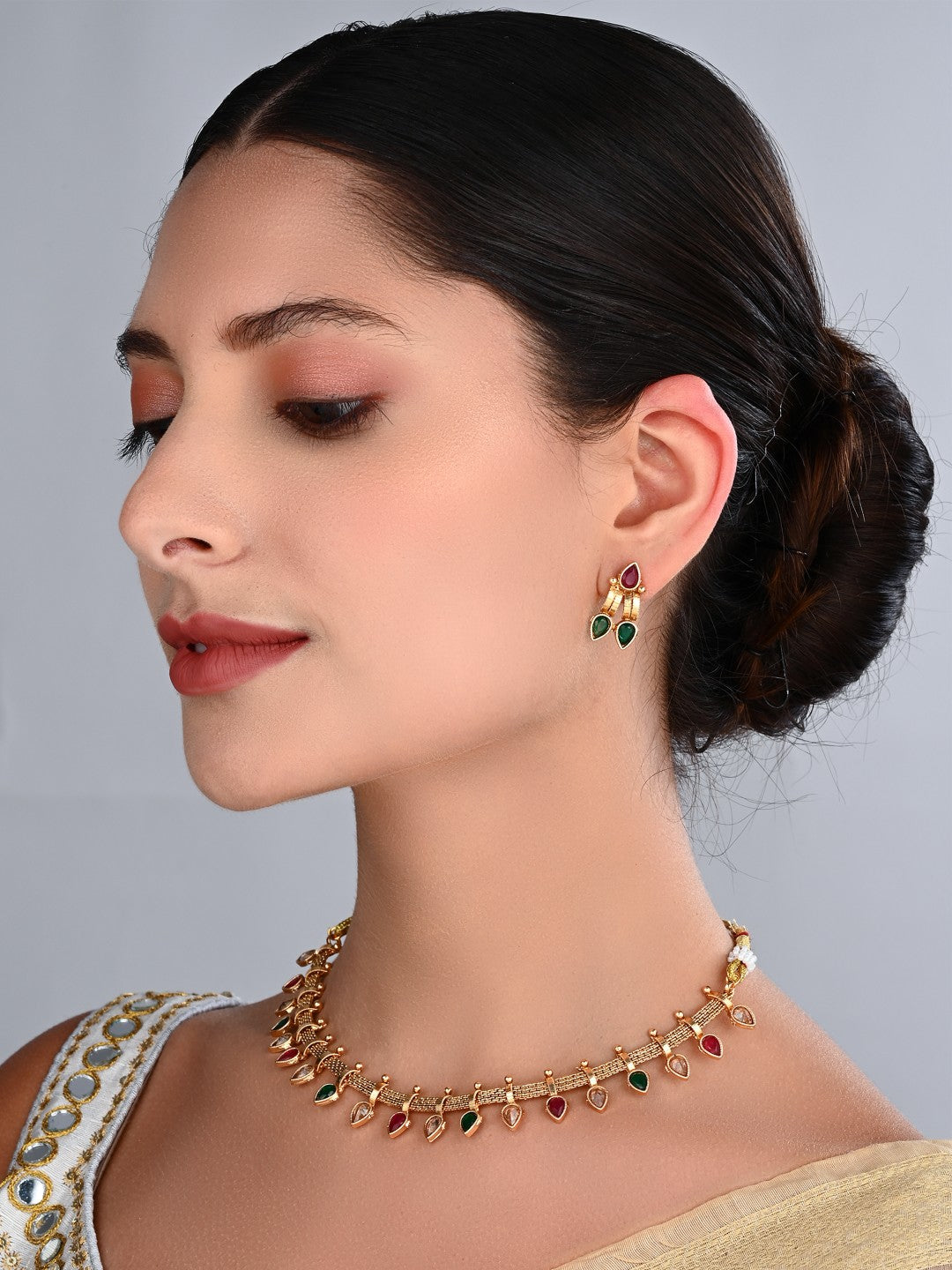 Multicolour Festive Gold-Tone Necklace & Earrings Set