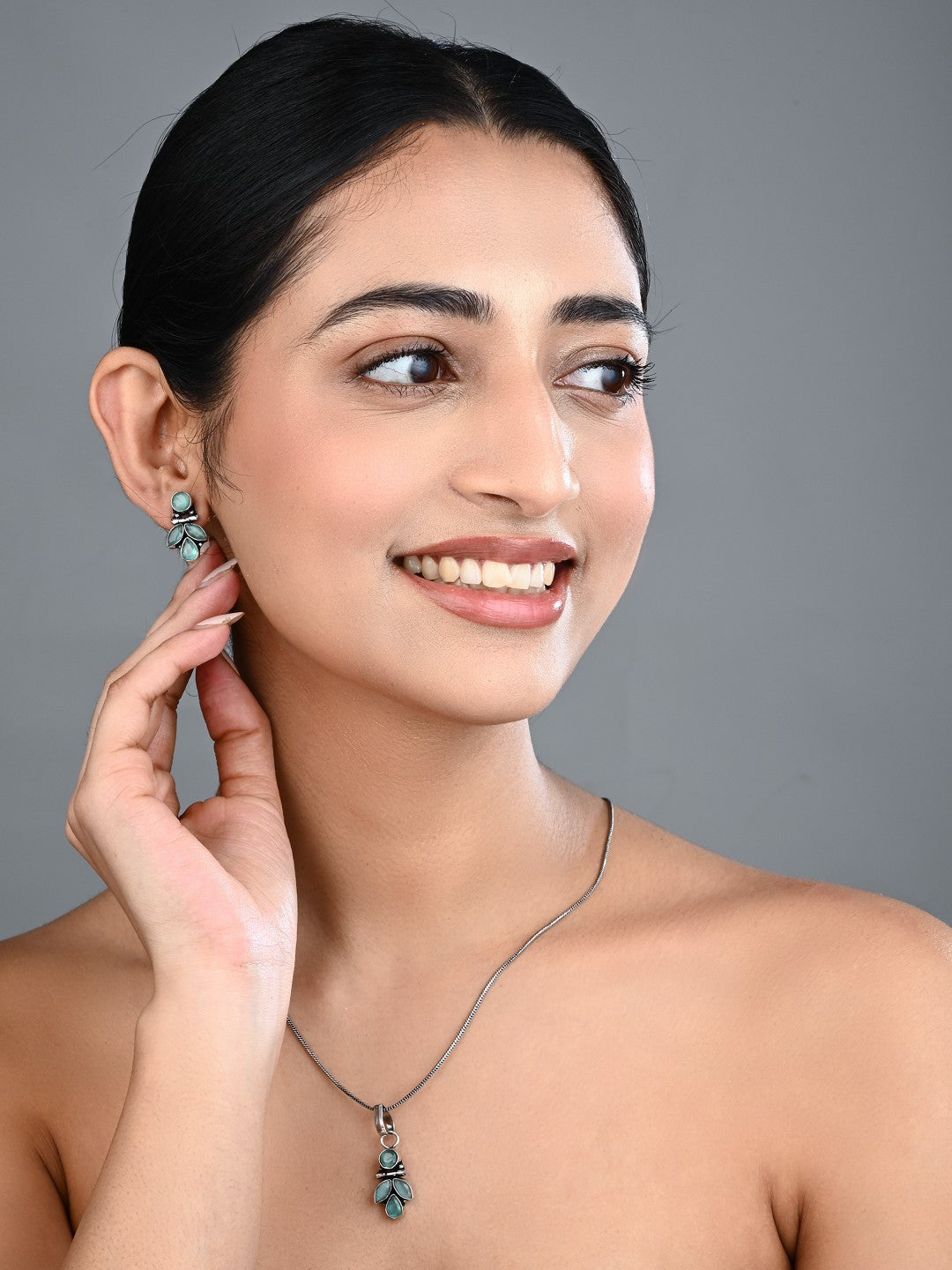 Elegant Crystal Pendant Necklace Set with Matching Drop Earrings - Sage Green