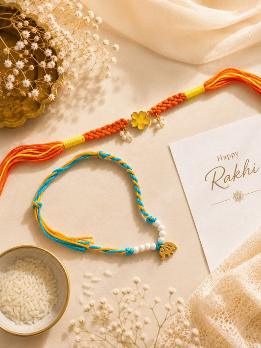 Yellow Floral & Elephant Charm Rakhi Set of 2